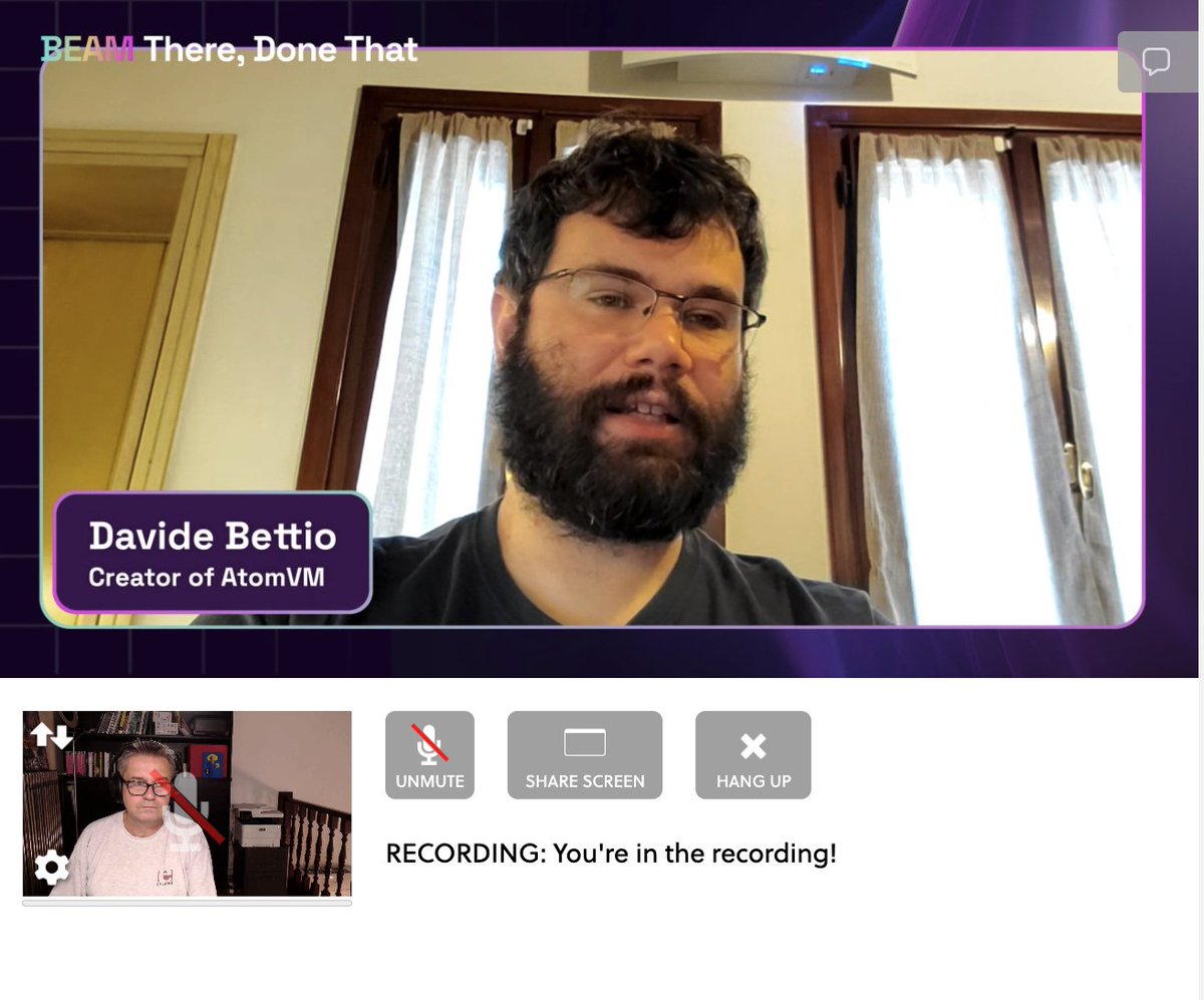 FrancescoC's tweet photo. Recording the @BeamThereDT podcast with @paulguyot and Davide Bettio. Great episode and conversation, as we have the creator of the AtomVM, and its most prolific user! Subscribe to find out when it will be released: https://t.co/l5EqD6tn9F #erlang #elixirlang #AtomVM https://t.co/ZFxWzGAaln