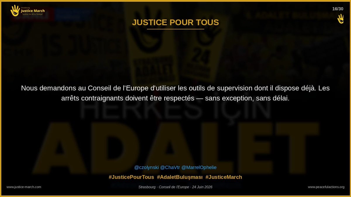 plateforme2pari's tweet photo. Nous demandons au Conseil de l'Europe d'utiliser les outils de supervision dont il dispose déjà.
Les arrêts contraignants doivent être respectés — sans exception, sans délai.

@nathalieloiseau @ManonAubryFR @rglucks1
#JusticeMarch #AdaletBuluşmasi #JusticePourTous https://t.co/ndxTxjCO14