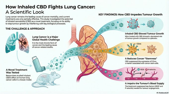 marclanders's tweet photo. Inhaled CBD slashes lung tumor growth in new study!

• Decreased Tumor Growth: Treatment with inhalant CBD resulted in a decreased rate of tumor growth compared to the placebo group. • Suppression of Cancer Stemness: CBD treatment led to the suppressed expression of the CD44 marker,  suggesting a reduction in the cancer stem cell population within the  tumor. • Inhibition of Angiogenesis: The expression of the crucial angiogenic factors VEGF and P-selectin  was suppressed in the CBD-treated group, indicating an impairment of the  tumor's ability to create new blood vessels.
https://t.co/3NXETCSELi