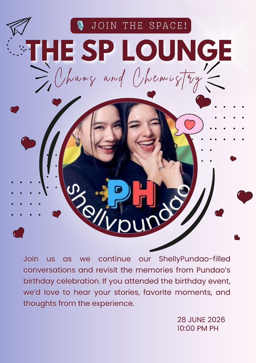 SPPHOFC's tweet photo. Mabuhay Teddies! 

We're back again for the 2nd episode of 'The SP Lounge!'   

Join us this Sunday, June 28th for the next episode of "The SP Lounge - EP 2" - "Chaos & Chemistry" 🎙️✨ 
 
This week, we’re diving into all the highlights, laughs, and unforgettable moments from Pundao’s birthday event. 🥳

📅Sunday, June 28
📍 Right here on X 
 ⏰10pm PH, 9pm BKK, 2pm GMT. 
🔔Set your reminders https://t.co/mV1wKRkXco

Whether you were right there in the crowd experiencing the energy in person, or cheering and supporting from behind the screen.
Tune in to relive the best moments, share the love, and vibe with the fandom—see you there! 🧸

#shellypundao #teddies