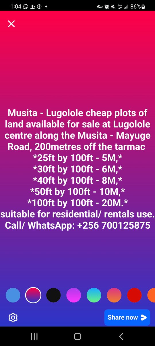 juliusmenya1's tweet photo. Musita - Lugolole cheap plots of land available for sale at Lugolole centre along the Musita - Mayuge Road, 200metres off the tarmac 
*25ft by 100ft - 5M,*
*30ft by 100ft - 6M,*
*40ft by 100ft - 8M,*
*50ft by 100ft - 10M,*
*100ft by 100ft - 20M.*
Call/ WhatsApp: +256 700125875 https://t.co/sYs6YAwL7H