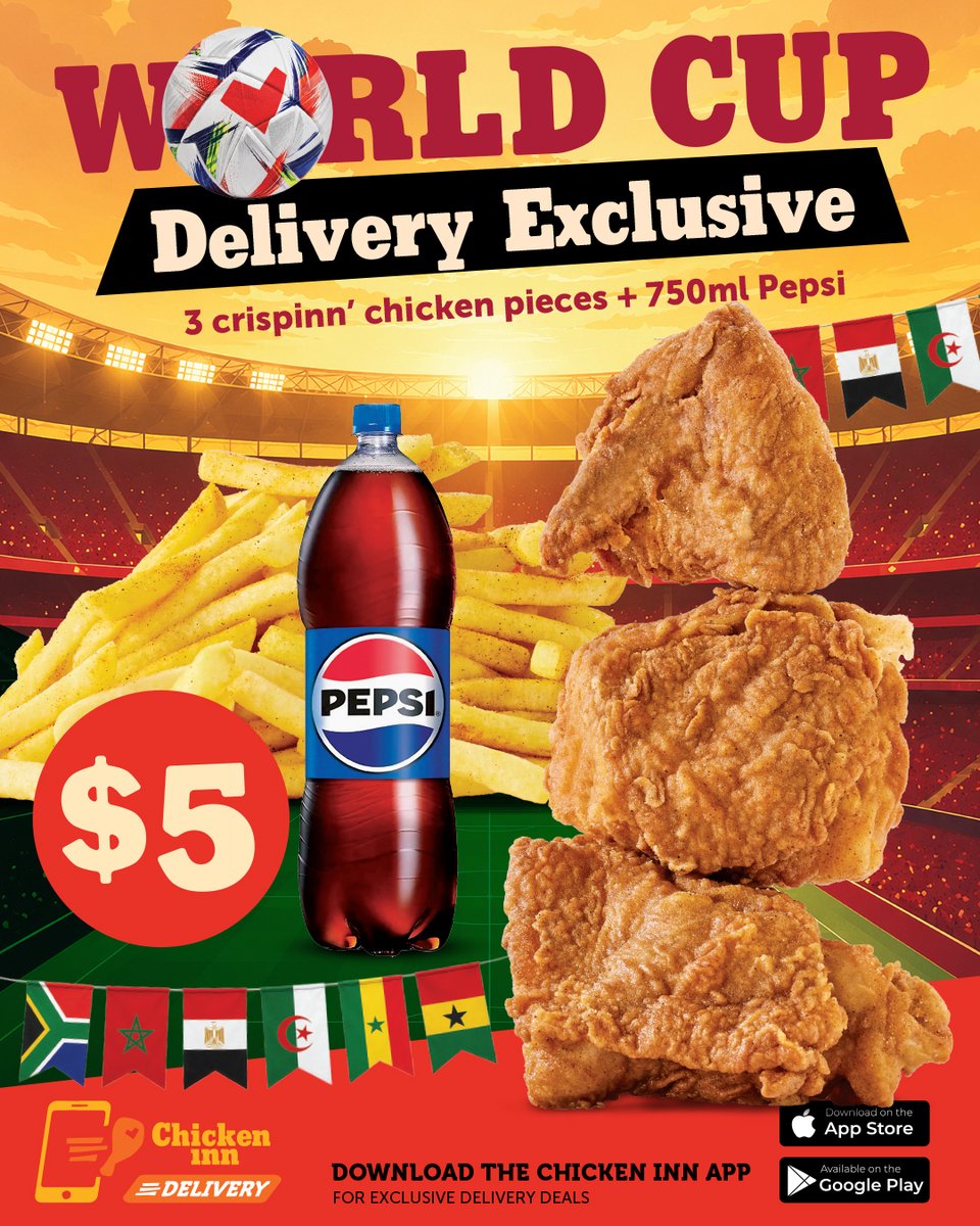 ChickenInnZW's tweet photo. Match day tastes better with Chicken Inn. 
Grab your FIFA World Cup Meal and enjoy the game with flavour.
#ChickenInnZW #WorldCupMeal https://t.co/oVRMWd0BUR