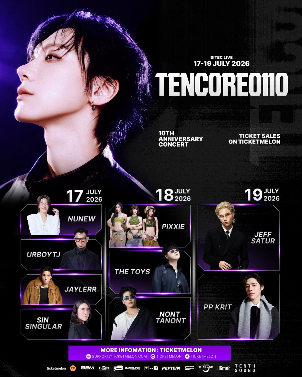 tenthsound's tweet photo. ✨ OFFICIAL GUEST LINE-UP ✨
จากวันแรกที่เริ่มเปิดตัวแขกรับเชิญทีละชื่อ จนถึงวันนี้ ไลน์อัปศิลปินรับเชิญของคอนเสิร์ต TEN:CORE0110 ทั้ง 3 วัน ประกาศครบอย่างเป็นทางการแล้ว 💜🐈‍⬛

📅 DAY 1 — 17 JULY 2026
NuNew • URBOYTJ • JAYLERR • SIN SINGULAR

10 ปีแห่งความทรงจำ
คืนแห่งการย้อนกลับไปพบกับเรื่องราว บทเพลง รอยยิ้ม น้ำตา
และทุกก้าวที่หล่อหลอมให้เกิดเตนล์ในวันนี้

📅 DAY 2 — 18 JULY 2026
PiXXiE • THE TOYS • NONT TANONT

10 ปีแห่ง Performance
คืนแห่งการเฉลิมฉลองความสามารถ การแสดง
และพลังบนเวทีที่เตนล์ได้พิสูจน์ตัวเองมาตลอดเส้นทาง

📅 DAY 3 — 19 JULY 2026
Jeff Satur • PP Krit

10 ปีสู่วันพรุ่งนี้
ค่ำคืนแห่งความฝัน กับบทเพลงที่ยังไม่มีใครได้ฟัง และการก้าวไปสู่อนาคตที่รอให้เขียนต่อไปพร้อมกัน

เพราะนี่ไม่ใช่แค่คอนเสิร์ตแต่คือการเดินทางผ่าน 10 ปีของเตนล์ที่กำลังจะถูกบันทึกไว้ในความทรงจำของพวกเราทุกคน 💜🐈‍⬛

แล้วพบกัน 17–19 กรกฎาคม 2569
ที่ BITEC LIVE ✨

🎟️ จำหน่ายบัตรแล้ววันนี้ที่t:
https://t.co/U8xr9AUH27

✨ OFFICIAL GUEST LINE-UP ✨

From the very first guest announcement
to today, the guest line-up for all three days of TEN:CORE0110 Concert is now officially announced. 💜🐈‍⬛

📅 DAY 1 — 17 JULY 2026
NuNew • URBOYTJ • JAYLERR • SIN SINGULAR

10 Years of Memories
A night of revisiting the stories, songs, smiles, tears,
and every step that shaped TEN into who he is today.

📅 DAY 2 — 18 JULY 2026
PiXXiE • THE TOYS • NONT TANONT

10 Years of Performance
A celebration of talent, artistry, and the stage presence
that TEN has continued to prove throughout his journey.

📅 DAY 3 — 19 JULY 2026
Jeff Satur • PP Krit

10 Years & a night of dreams, songs yet to be heard,
and a future that is still waiting to be written together.

Because this is more than just a concert.
It is a journey through TEN's past 10 years,
a story that will be remembered and shared
through the memories we create together. 💜🐈‍⬛

See you on 17–19 July 2026
at BITEC LIVE ✨

🎟️ Tickets are available now at:
https://t.co/U8xr9AUH27

#TENCORE0110iscalling #TENCORE0110Concert 
#10YearsWithTEN #TenthSound #TENLEE #เตนล์ #TEN #Ticketmelon
#TENCORE0110Concert_Guest #NuNew #URBOYTJ #JAYLERR #SinSingular
#PiXXiE #THETOYS #NONTTANONT #JeffSatur #PPKritt
