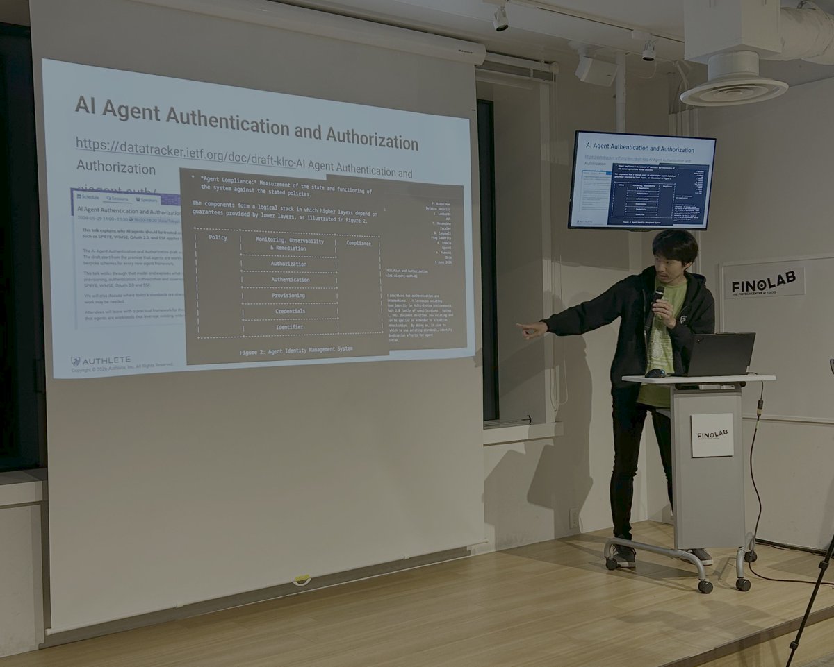 authlete_jp's tweet photo. Authleteの @watahani が、開催中の「OAuth & OpenID Connect勉強会ー海外イベントから直送!認証・認可の最新トレンド」で「OSW 2026」で議論された、AIエージェントの認証・認可にまつわる仕様についてご紹介しています。
#OAuth #OIDC #AIエージェント #Authlete https://t.co/H5964h4dTu