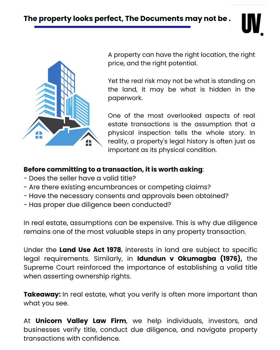 uv_law's tweet photo. Before buying land or property, verify: ✔️ Title documents ✔️ Encumbrances ✔️ Required approvals ✔️ Ownership claims
In real estate, what you verify is often more important than what you see.
#RealEstate #PropertyLaw #DueDiligence https://t.co/VLwpISl7pV