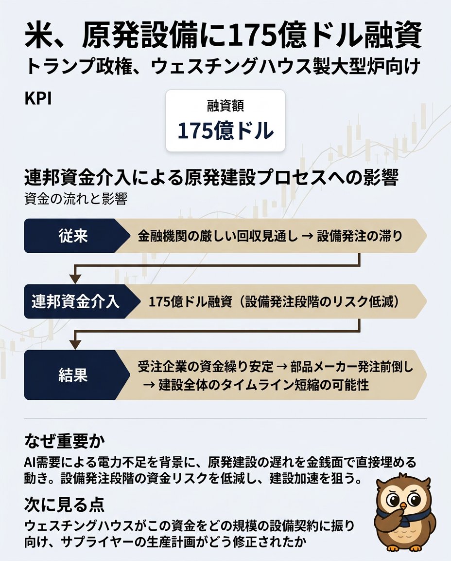 FukuroStocks's tweet photo. トランプ政権が、ウェスチングハウス製大型原子炉の設備発注に対し、175億ドルの融資を用意した。

この支援は、AI需要の急増による電力不足を背景に、原子力発電所建設の遅れを金銭面で直接埋める動きだ。

焦点は、設備発注段階のリスク低減にある。従来、金融機関は設備代金の回収見通しを厳しく見積もり、発注が滞りやすかった。連邦資金が介入することで、受注企業側の資金繰りが安定し、部品メーカーへの発注も前倒しされやすくなるだろう。

結果として、建設全体のタイムライン短縮につながる可能性がある。

ただし、設備資金が確保された後も、建設工事や許認可のリスクは引き続き事業者側に残る。そこが遅れれば、融資の効果は限定的になるだろう。

次に確認すべきは、ウェスチングハウスがこの資金を実際にどの規模の設備契約に振り向け、発注先のサプライヤーが生産計画をどう修正したかだ。