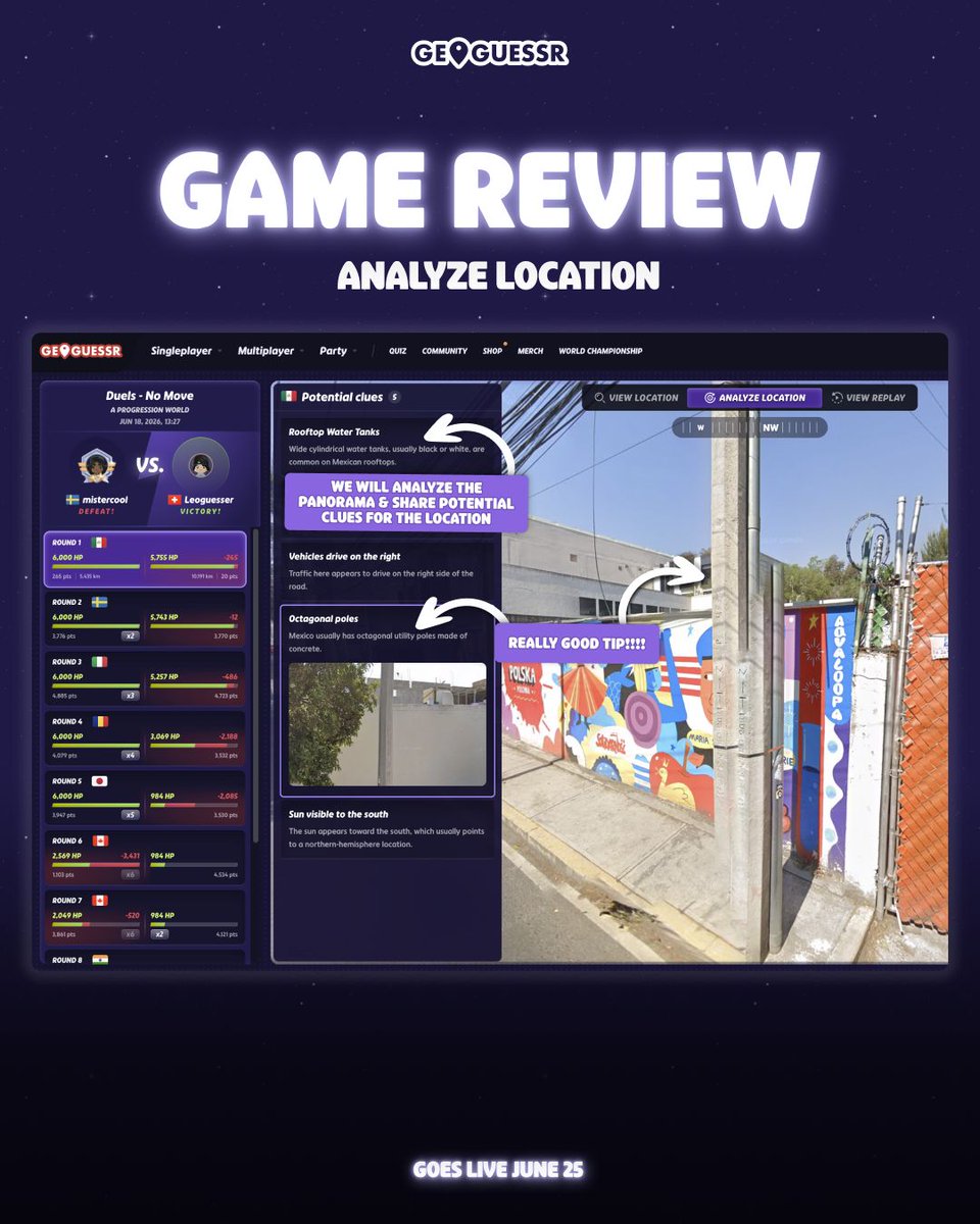 geoguessr's tweet photo. 🤓 ANALYZE
Players in Bronze through Gold divisions will be able to analyze their rounds and receive insights into potential clues they may have missed, helping them learn and improve after every game. https://t.co/gZ51WeEBTP