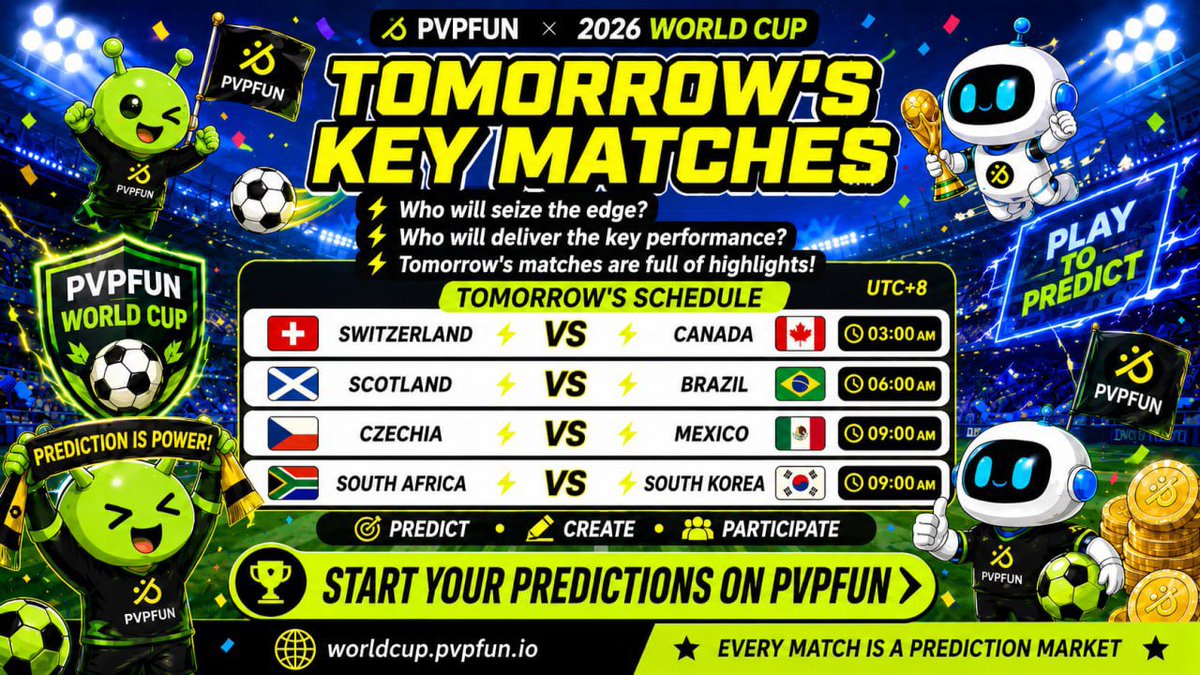 pvpfun_ai's tweet photo. ⚽️ Tomorrow’s Key Matches Are Coming!

Switzerland vs Canada — who will seize the qualification edge?
Can Brazil continue their strong momentum?
Mexico and South Korea — who will deliver the key performance?

The World Cup continues, and four key clashes are set to kick off tomorrow
On PVPFUN, every match can become a prediction market for global users to join

🔥 Predict results
⚡️ Create markets
🌍 Join global prediction discussions

📅 Tomorrow’s Schedule (UTC+8)

🇨🇭 Switzerland 🆚 🇨🇦 Canada
🕒 03:00 AM
👉 https://t.co/JpJPF07Z4m

🏴  Scotland 🆚 🇧🇷 Brazil
🕕 06:00 AM
👉 https://t.co/zmZ8yteS5h

🇨🇿 Czechia 🆚 🇲🇽 Mexico
🕘 09:00 AM
👉 https://t.co/YO8mgMyVo0

🇿🇦 South Africa 🆚 🇰🇷 South Korea
🕘 09:00 AM
👉 https://t.co/MUeCXFoGy3

Predict · Create · Participate

Start your predictions on PVPFUN👇
🌐 https://t.co/F3fyvJt9LF

Every match is a prediction market
