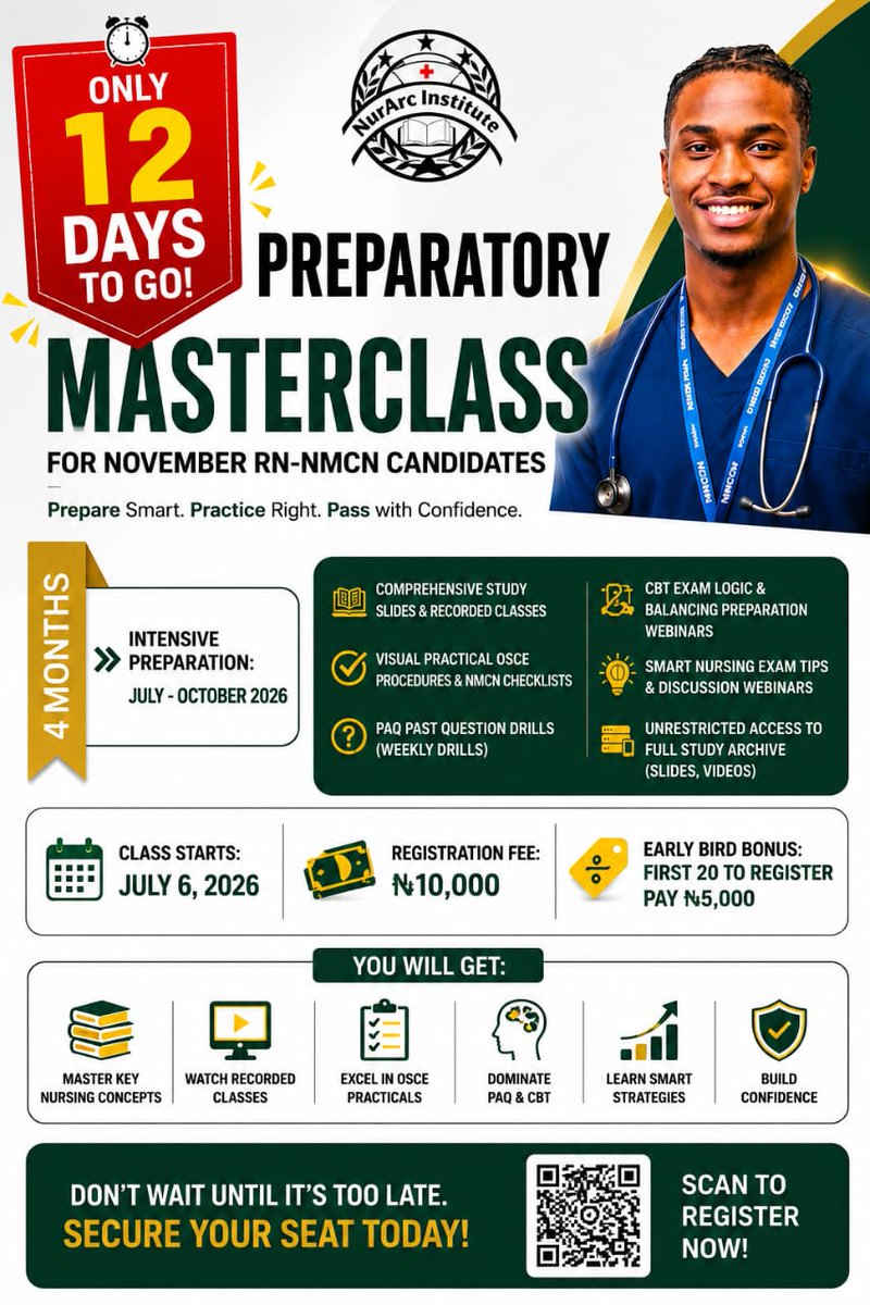 d_coker9's tweet photo. 🚨 ONLY 12 DAYS TO GO!
 
November RN-NMCN candidates, this is your opportunity to prepare with confidence.
 
✅ Study Slides ✅ PAQ Drills ✅ OSCE Sessions ✅ CBT Strategies ✅ Recorded Classes
 
Join the NurArc Preparatory Masterclass:
 
https://t.co/tqRilZxUgn https://t.co/1QLfg3m1Hq