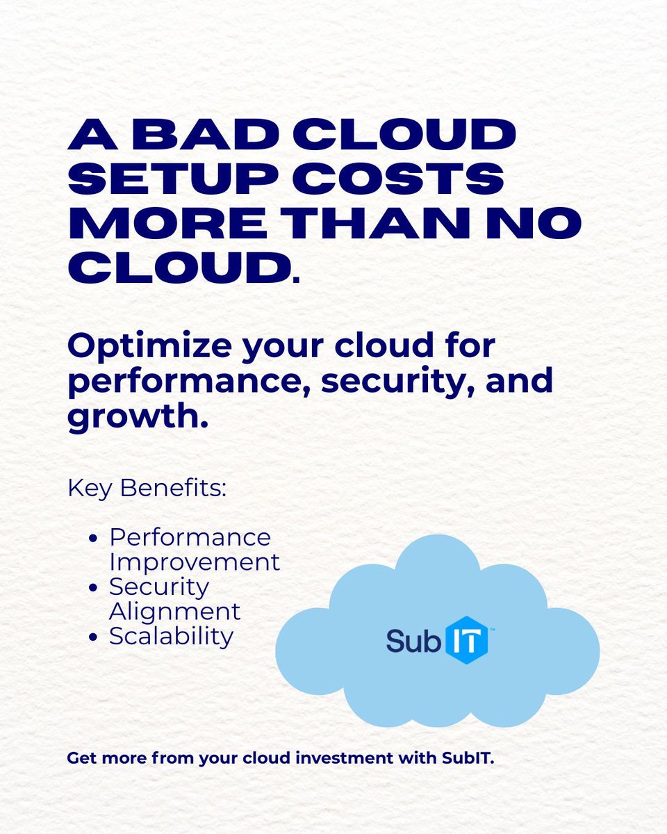 subIT_'s tweet photo. A bad cloud setup costs more than no cloud. ☁️

Optimize for:
⚡ Performance
🔐 Security
📈 Scalability

Get more value from your cloud investment with SubIT.

#CloudComputing #CloudOptimization #SubIT https://t.co/2QYPgYZVCB