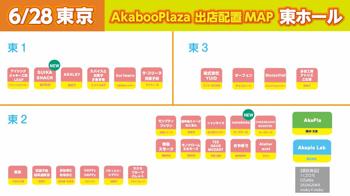 AkabooPlaza's tweet photo. 6/28「星に願いを 2026 day1」
Akaboo Plazaの出店MAPはこちら💁‍♀️💁💁‍♂️
東京ビッグサイト 東1・2・3ホール／西アトリウムとなります☘ ̖́-
サークル設営の準備やお土産、差し入れの購入等にぜひAkaboo Plazaをご活用ください。ご来店お待ちしております👍🏻 https://t.co/YAPnwD7lji