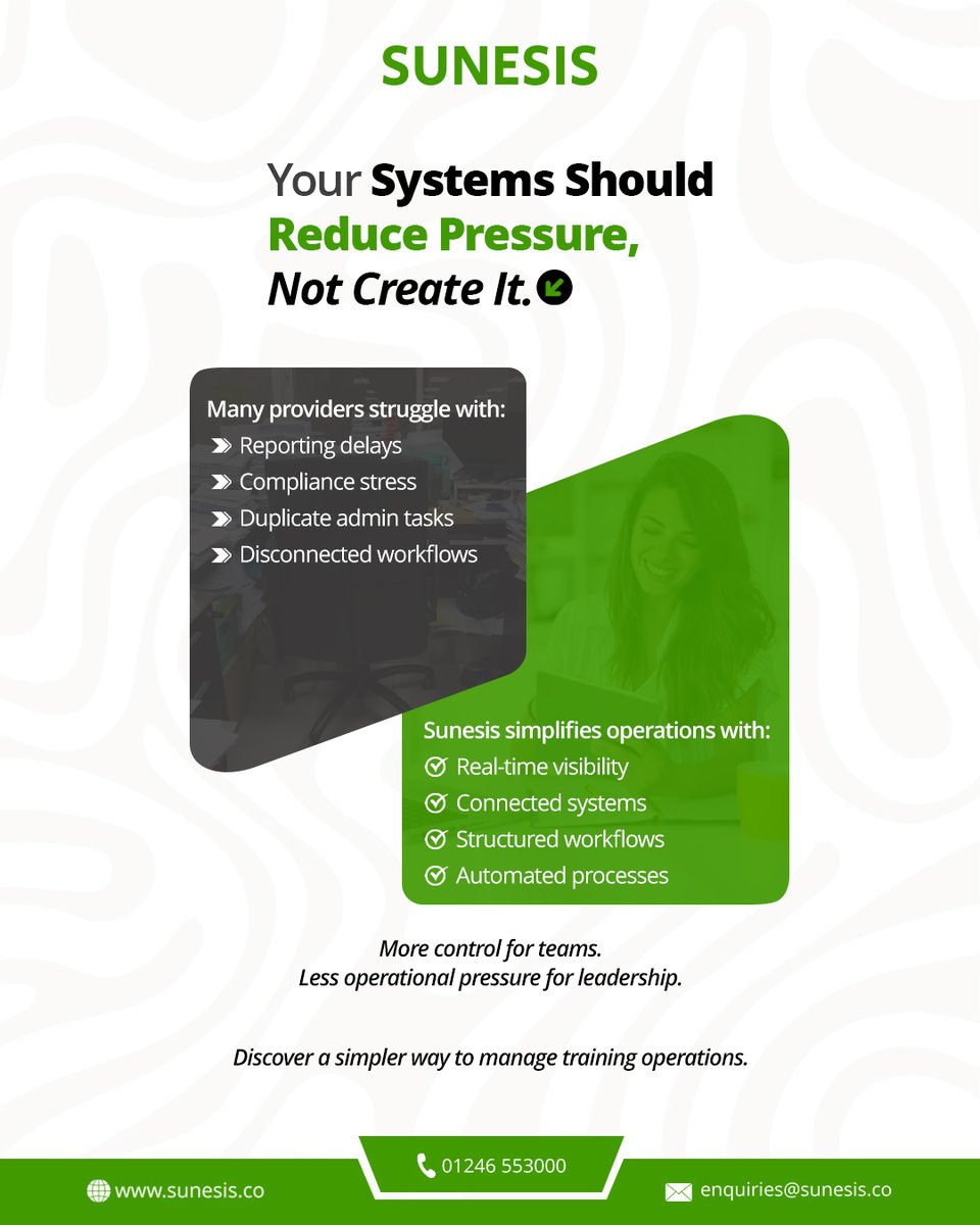 Sunesis_co's tweet photo. What if your systems actually made operations easier?💡

Sunesis gives training providers real-time visibility, structured workflows and automated processes, so your team can focus on what matters.

👉 https://t.co/3s6s2qnHPH https://t.co/baFoMExvqk
