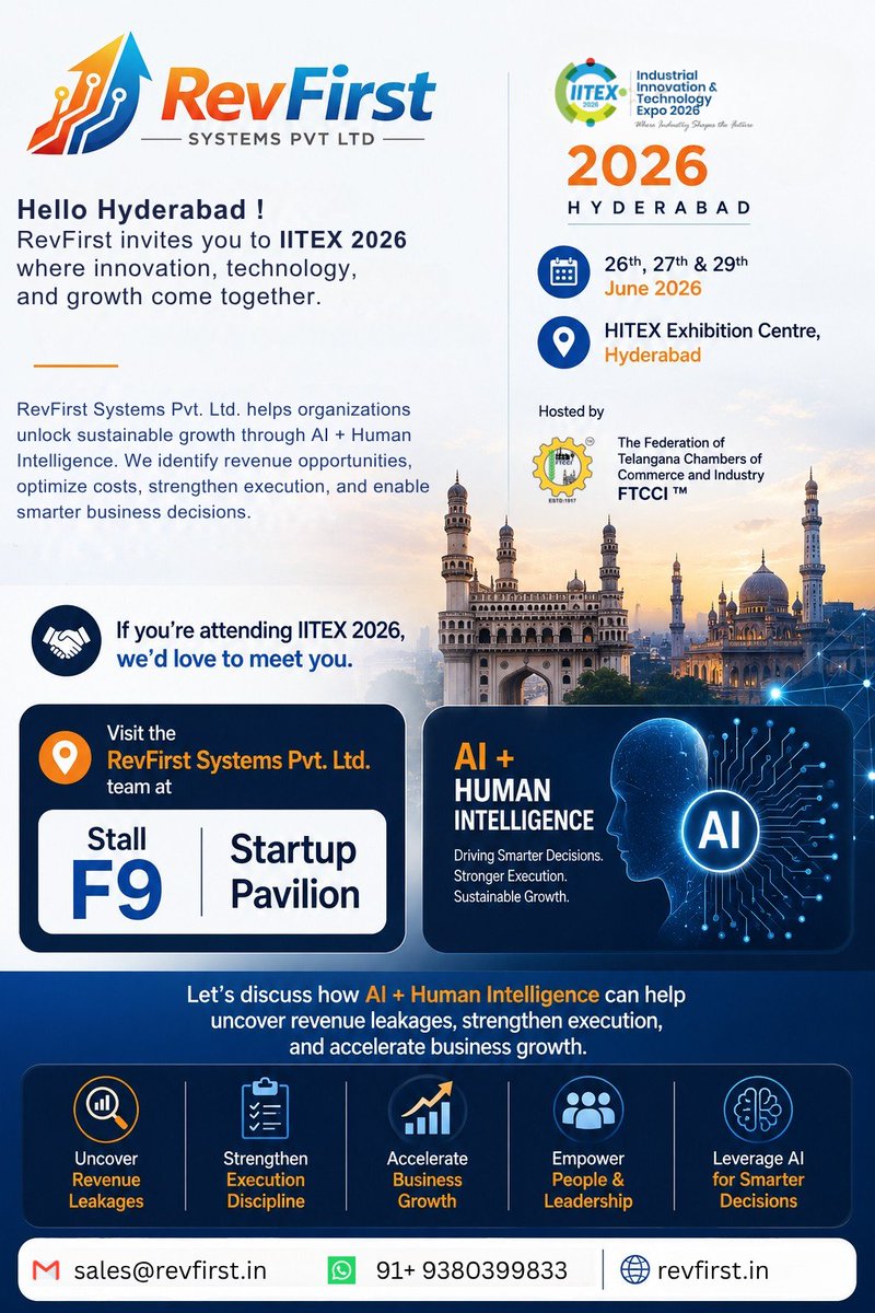 Revfirst_system's tweet photo. Hello Hyderabad! 👋
RevFirst is excited to be at IITEX 2026.
Visit us at Stall F9, Startup Pavilion to discover how AI + Human Intelligence can help uncover revenue opportunities, optimize costs, and accelerate business growth.
#IITEX2026 #RevFirst #AI #BusinessGrowth #Hyderabad https://t.co/fmYRjPiNnz
