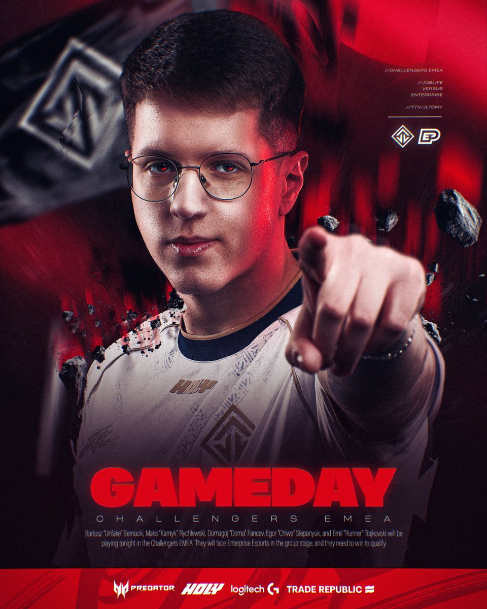 JoblifeEsport's tweet photo. 𝐂𝐇𝐀𝐋𝐋𝐄𝐍𝐆𝐄𝐑𝐒 𝐄𝐌𝐄𝐀 𝟑 | 𝐃𝐀𝐘 𝟐 🔴

Un match, une place en playoffs, une revanche.

On vient tout prendre ☝️

🆚 @enterprise_esp 
⏰ 17h00 (BO3)
📺 ttv/JLTomy

#JOBLIFE https://t.co/nUYkSxo86U