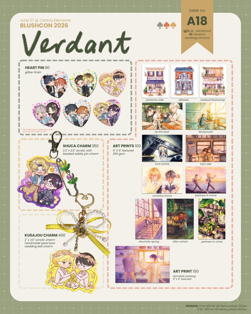 _verdanturf's tweet photo. 💚🔁

it's my first @BlushCon !!!!
here's my complete catalog :D

table A18 
June 27 at Centris
🌿 given, doukyuusei, pink heart jam, sasamiya, nakahiro, kyosato, yoshikaru, nijisanji en, ouran, originals

#BLushCon2026 https://t.co/qTvAtOOu8J