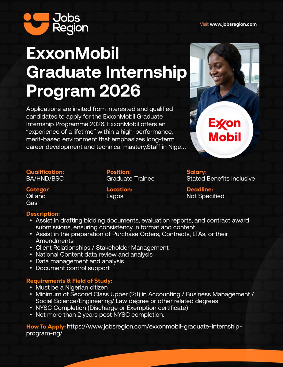 ExxonMobil Graduate Internship Program 2026 Requirements: - Must be a ...