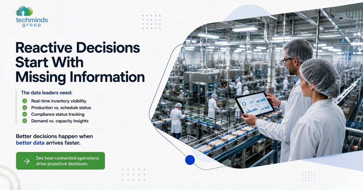 TechmindsGroup's tweet photo. The best operations leaders aren't making better guesses—they're making better decisions with better data.

Real-time inventory, production, compliance, and demand visibility don't require magic. They require connected systems. #ERP #Manufacturing #OperationsManagement https://t.co/UpXZFW5jE3