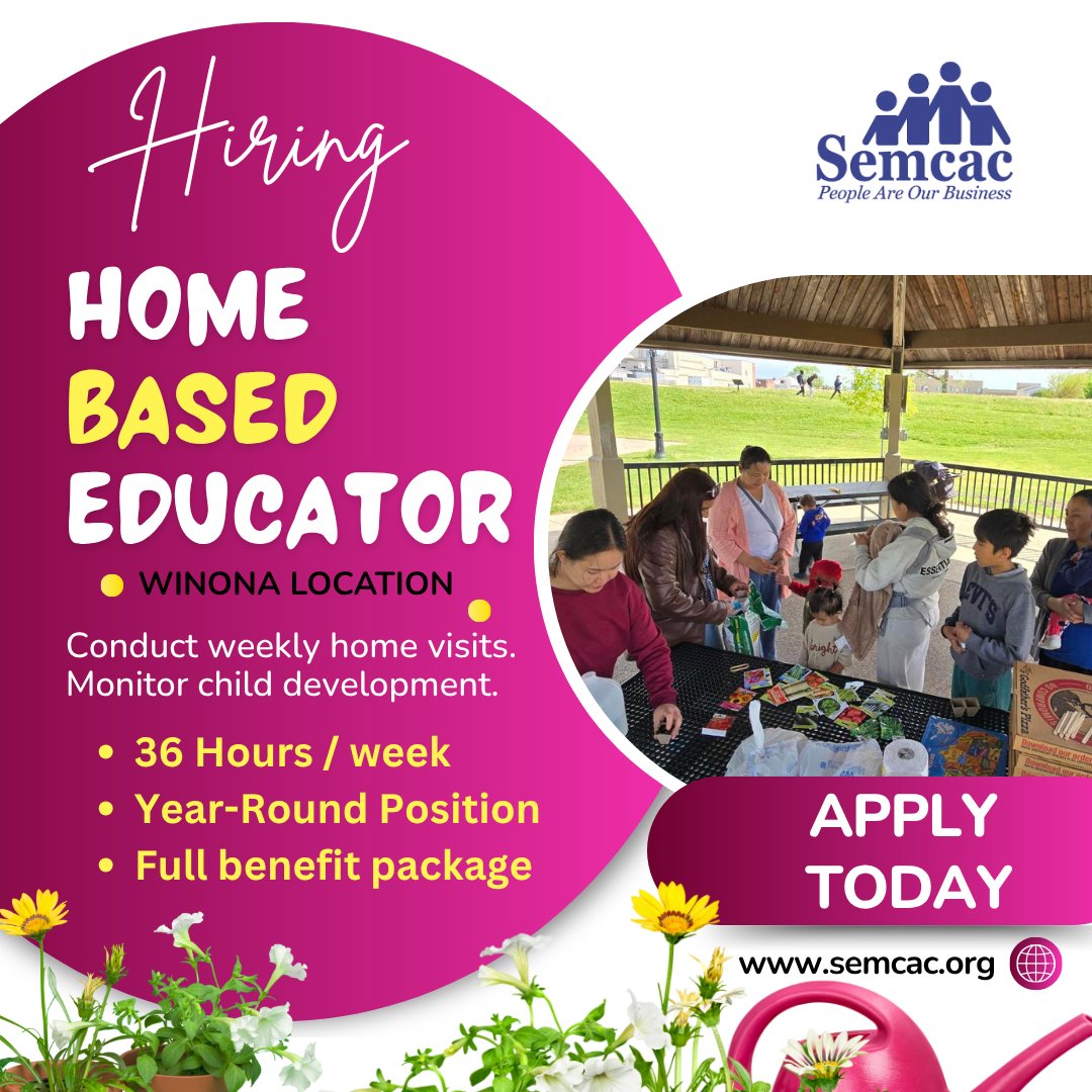 Semcac's tweet photo. 🌻Semcac Head Start is seeking a dedicated and compassionate Early Head Start Home-Based Educator to support infants, toddlers, and their families through a relationship-based home visiting model. APPLY TODAY! https://t.co/LrpppSDgVc https://t.co/7yWCY0zOrS