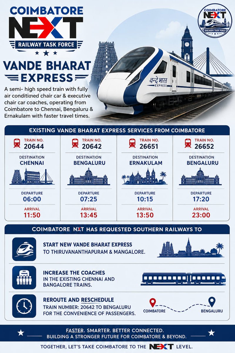 coimbatorenxt's tweet photo. Coimbatore NEXT is pushing for:

✅ New Vande Bharat routes to Thiruvananthapuram &amp; Mangalore
✅ More coaches on Chennai &amp; Bengaluru services
✅ Better timings for Train No. 20642
#CoimbatoreNEXT #VandeBharat #Kovai #IndianRailways https://t.co/6a3HgTQTZ6