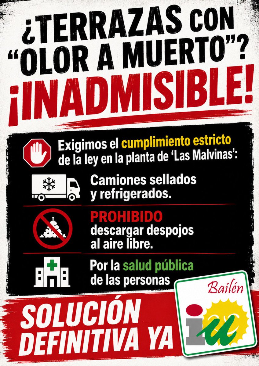 IUBailen's tweet photo. ¿Terrazas en #Bailén con "olor a muerto"? ¡INADMISIBLE! 🤢❌Exigimos investigar la planta de 'Las Malvinas' y que se cumpla la ley de residuos cárnicos:1️⃣ Camiones sellados y refrigerados.2️⃣ Prohibición de descargas al aire libre.¡Por la salud y el turismo! 🏛️📢 https://t.co/Zd1e9pTD2q
