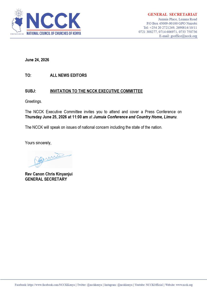 KenyaNCCK's tweet photo. @KenyaNCCK to address media on national concern issues

Thursday June 25, 2026
11:00 am East Africa Time

Follow live on https://t.co/9qDlJvODuW

https://t.co/rLHRsUNFIk 

@CKKamau  #kenya #MediaUpdates  #maandamano # https://t.co/tCWJzhYGOd