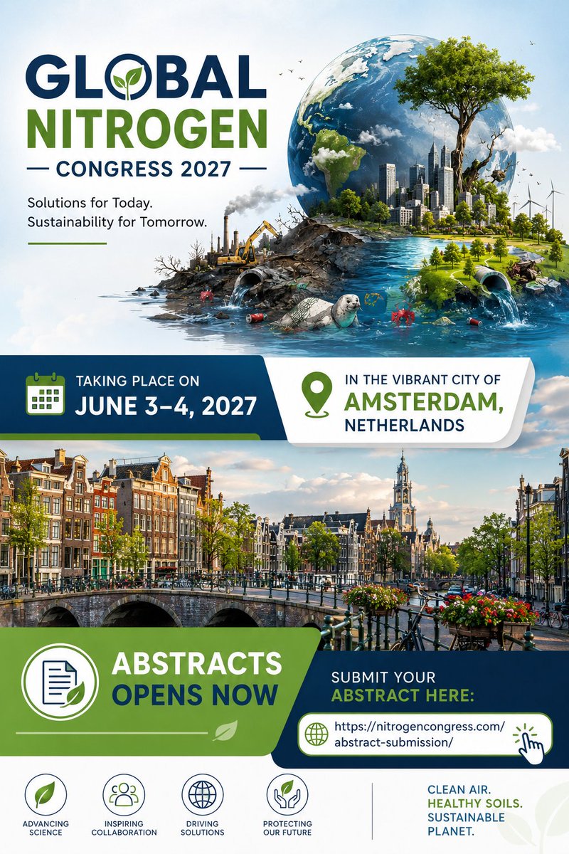 GNC_2026's tweet photo. Global Nitrogen Congress 2027 in Amsterdam, Netherlands on June 3–4, 2027 

 Abstracts are now open!
 https://t.co/t6TuhQS5Di
#GlobalNitrogenCongress #GNC2027 #NitrogenScience  #ClimateAction #Amsterdam #ResearchConference #EnvironmentalScience #Agriculture #Innovation https://t.co/1WkhdkhGCc