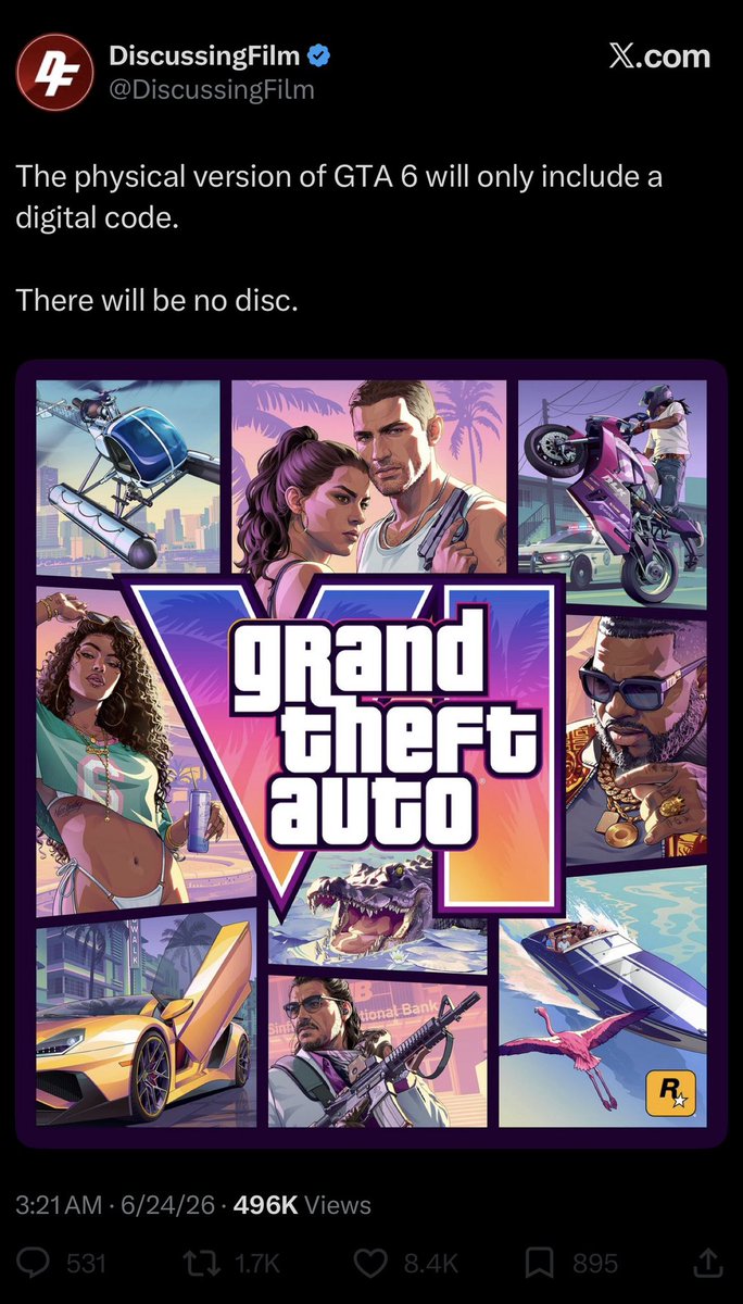 Culture3ase's tweet photo. Maybe DiscussingFilm should just stick to discussing about films and not video games.

There has been no confirmation that a physical version of GTA 6 will NOT have a disk inside the physical game case.

One of the few updates is about a digital code to help preload the game before it’s release on November 29th, 2026.