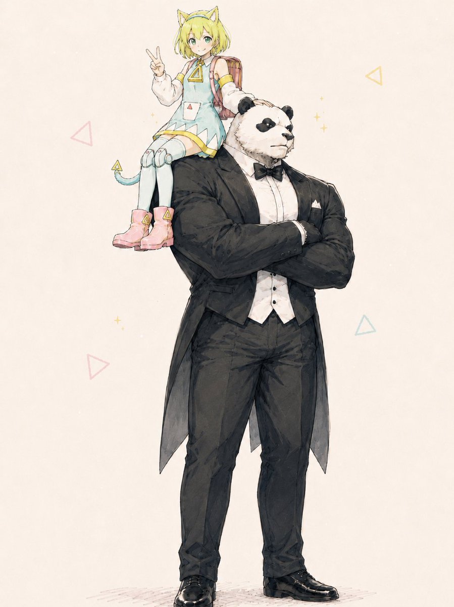 MekiAI0206's tweet photo. デルタもんとタキシードジャスティス
肩に座っても何ともないぜ🐼
#AIイラスト https://t.co/hLh8xivCiE
