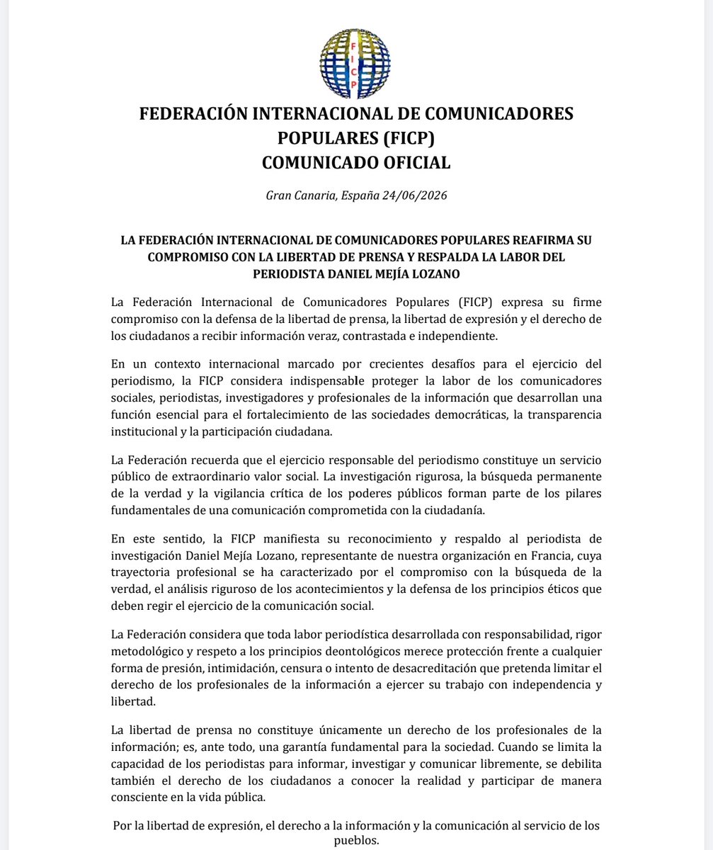 DanielMejiaLoz2's tweet photo. Agradezco a la Federación Internacional de Comunicadores Populares #FICP por su respaldo y solidaridad desde España 🇪🇦 ante la denuncia realizada frente al entonces candidato y hoy Presidente electo Abelardo de la Espriella por persecución y amenazas por mi labor periodística. https://t.co/gHcaYIIgzs