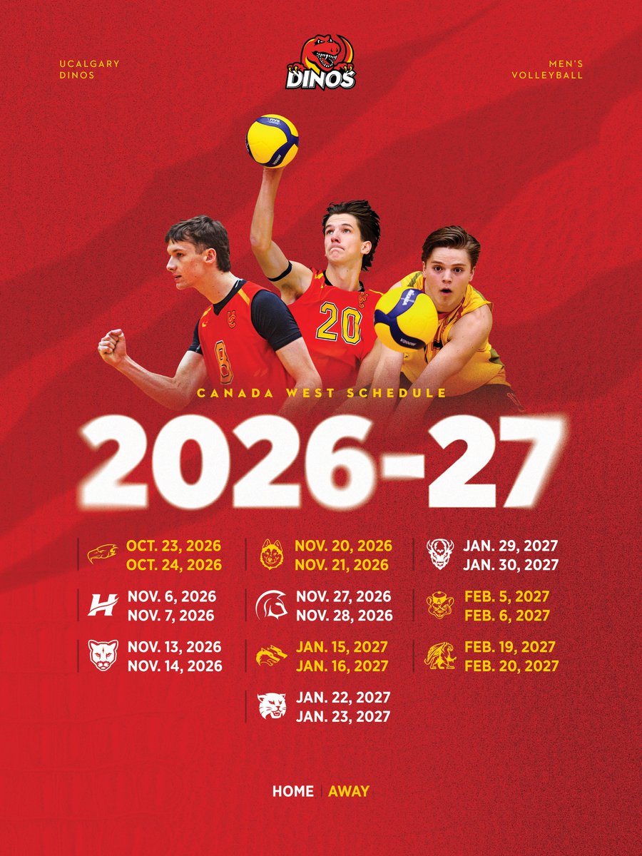 UCDinos's tweet photo. Mark the calendars! 🗓️

The 2026-2027 schedules for @DinosMVB &amp; @DinosWVB are here!

#GoDinos https://t.co/Q9m5EtTwH5