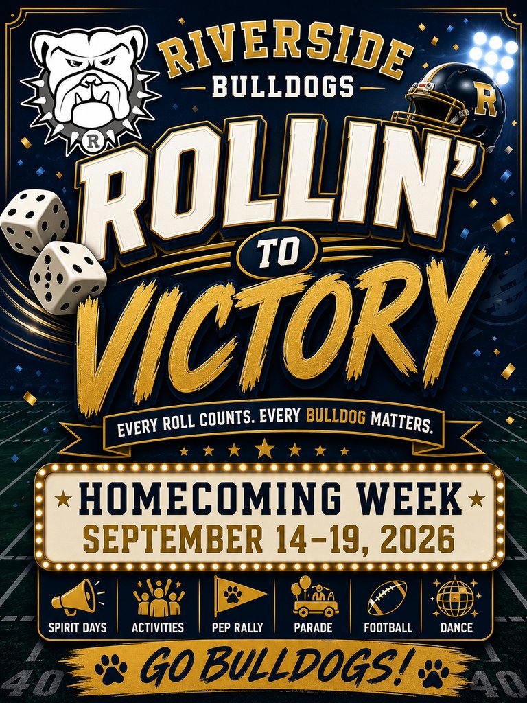 RiversideDawgs's tweet photo. GAME NIGHT FUN IS COMING TO RIVERSIDE! 
Homecoming 2026: Rollin' to Victory 
Get ready for an exciting week filled with spirit days, games, competitions, pep rallies, parade, football, and the Homecoming Dance! https://t.co/ibOiYTzw1I