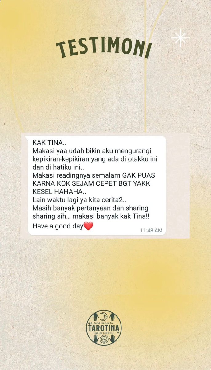 TAROTINA_'s tweet photo. Tarot reading masih open ya, lgsg dibacakan! Trusted since 2021. Interactive, friendly, no judging, privasi aman. Topik love, career, etc, bisa 🤍✨

Fast response via WA: https://t.co/nbsVSe3ROg

All testimonials on IG: https://t.co/zovYLsXPJo

#jasatarot #zonajajan #zonauang https://t.co/VGdQ2Kck6s