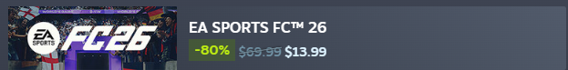 Tolgahan76046's tweet photo. EA SPORTS FC 26 Steam'de indirimde! %80 indirimle 13,99 USD olan bu teklif 25 Haziran'a kadar geçerli.
Teklif yarın bitiyor.
Oyunun normal fiyatı = 69.99 dolar- 3250 tl
İndirimli fiyatı = 13.99 dolar - 650 tl
Oyunu satın almayı düşünüyor musunuz?
#oyun #oyuncu #gamer #gameplay https://t.co/akniUzIQKM
