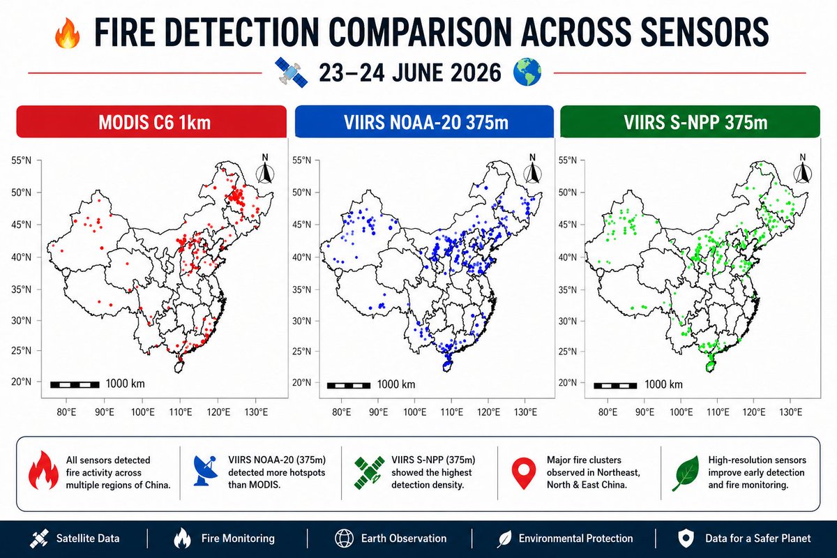 alihassansha12's tweet photo. 🔥 Fire Detection Comparison Across Sensors in South Asia (22–23 June 2026) 🌏🛰️

#RemoteSensing #GIS #MODIS #VIIRS #FireDetection #SouthAsia #WildfireMonitoring #EarthObservation #SatelliteData #GeospatialAnalysis #ClimateChange #EnvironmentalMonitoring #SpatialAnalysis https://t.co/jGYoR9Fbtp