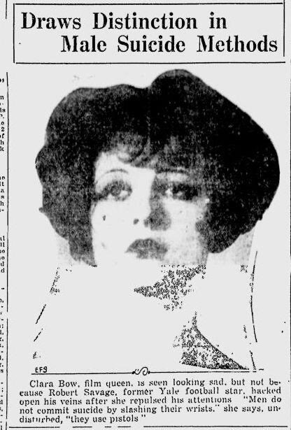 100YearsAgoLive's tweet photo. Robert Savage, former Yale Football star, opens his veins and kills himself because he could not gain the attention of film starlet Clara Bow.

About the suicide, Bow says: “Men do not commit suicide by slashing their wrists, they use pistols.” Her countenance was cold and undisturbed.