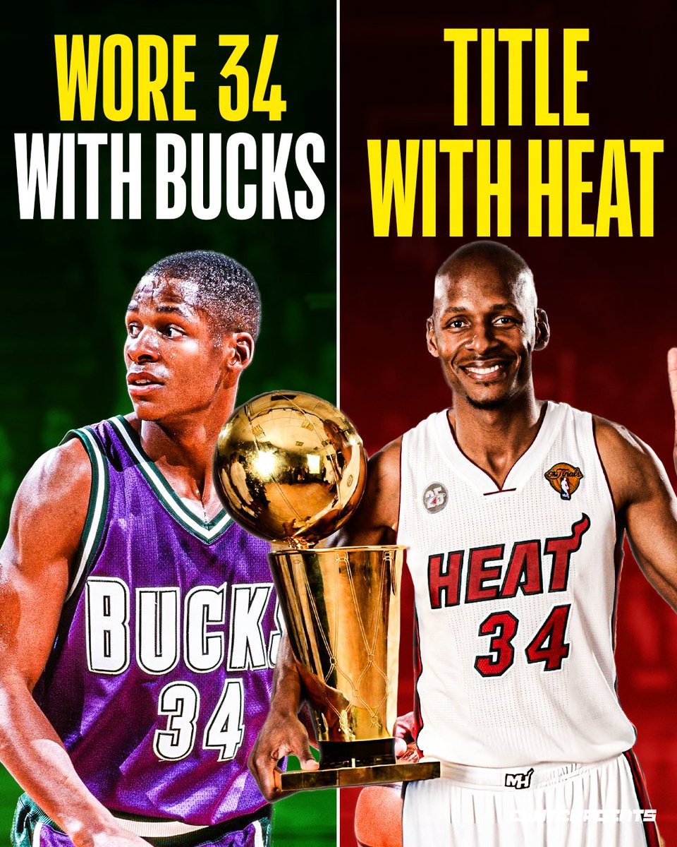 HeatNationCP's tweet photo. Ray Allen wore No. 34 in Milwaukee before eventually winning a title in Miami.

Giannis wore No. 34 in Milwaukee and is now headed to Miami.

Will history repeat itself? 👀🏆 https://t.co/13dbkVZtLc