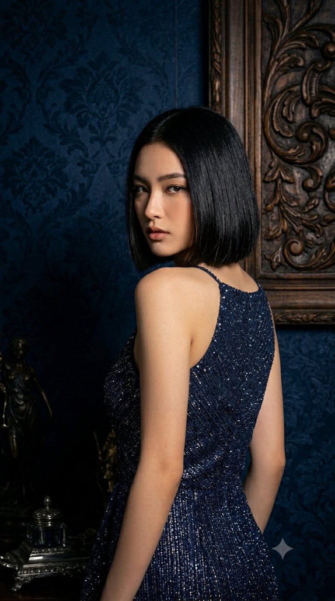 Elegant woman in glittery navy dress