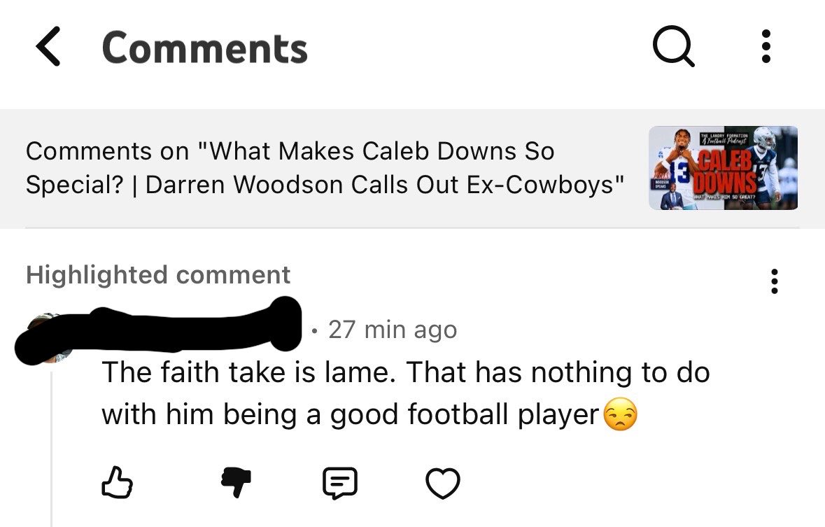 LandryFormation's tweet photo. Made a video about Caleb Downs and how his faith helps keep him grounded, confident in who he is, and how that translates into natural leadership.

2K+ views. 30+ positive comments.

Then there’s this dude…

Am I right here, or am I tripping? 🤔 https://t.co/ZnTCzSWWnU