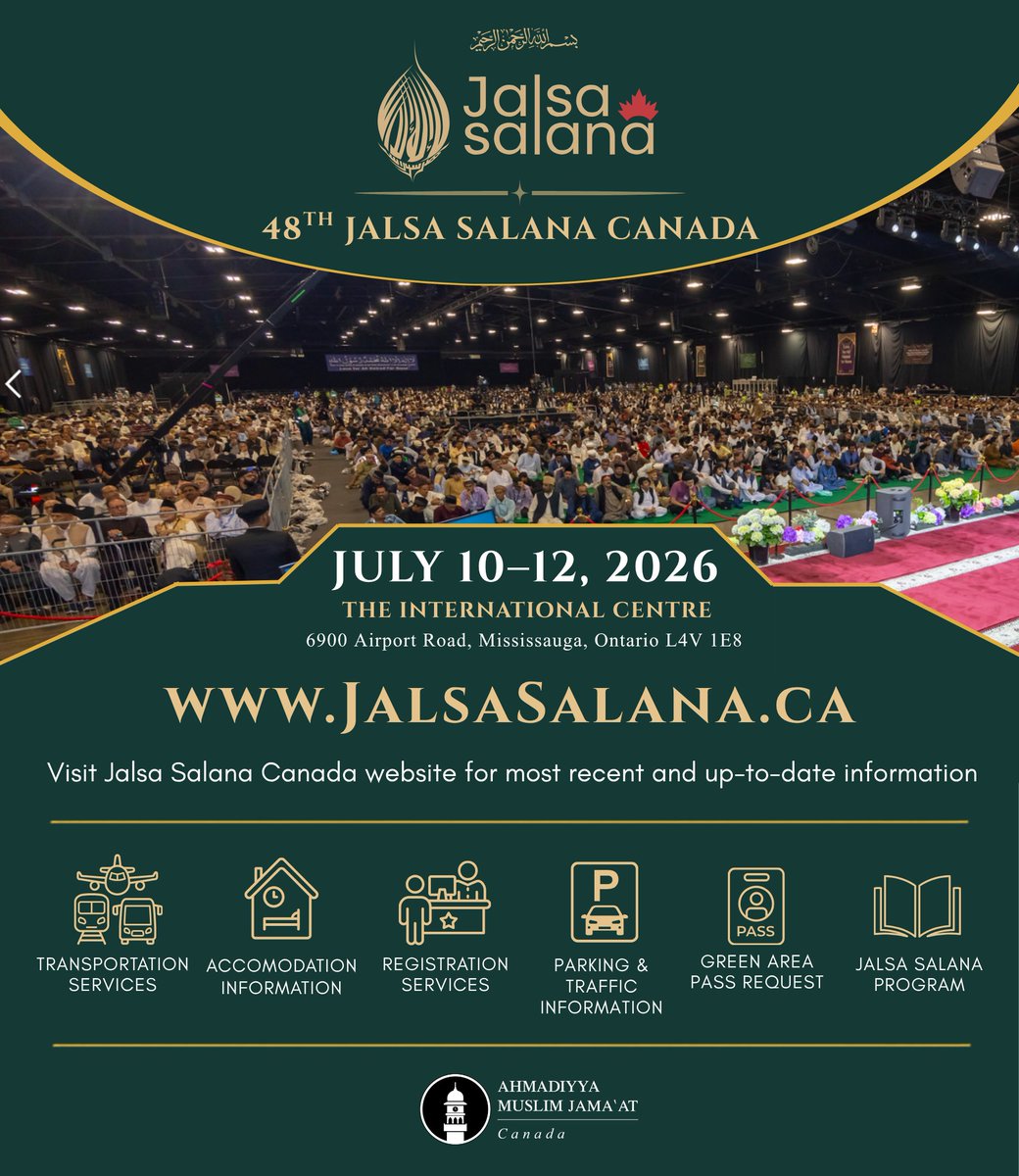 Jalsa_Canada's tweet photo. Welcome to the 48th Jalsa Salana Canada!
July 10–12, 2026
For updates: https://t.co/GiMBlIWKK3

🧾 Program: https://t.co/MXQKibDJbh
🖥️ Registration: https://t.co/TU8juvP6MH
🏡 Accommodation: https://t.co/WI9H8i18gy
🅿️ Parking: https://t.co/Mwal1Dk3Tp

#JalsaCanada https://t.co/K3naSEvKR6