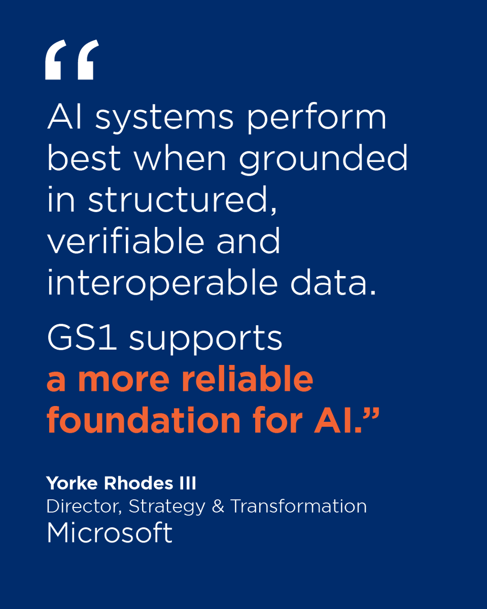 gs1's tweet photo. AI’s effectiveness depends on the quality and trustworthiness of the data it consumes.

GS1’s role is to help provide the trusted data foundations that enable AI systems to deliver reliable, meaningful results at scale.

Find out more: https://t.co/i3VNRPrCHe https://t.co/0thIqxvGQZ