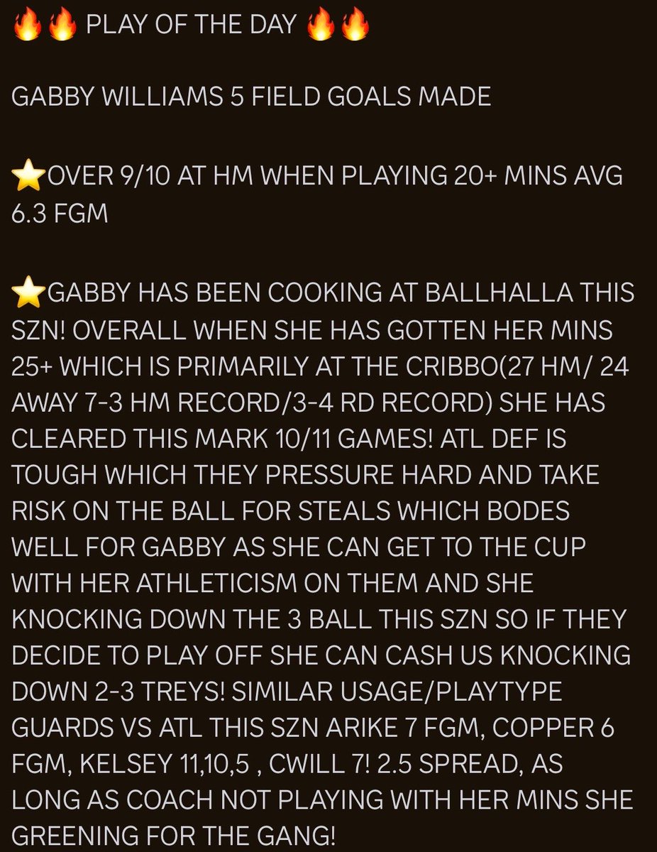 RACKEMSPORTS's tweet photo. 🔥🔥 PLAY OF THE DAY 🔥🔥

GABBY WILLIAMS 5 FIELD GOALS MADE

 #POTD #PLAYOFTHEDAY #PrizePicks #playerprops #DFS #pp #mlb #NFL #NFLPRIZEPICK #nfltwitter #nbatwitter #NBA #nbaplayoffs  #NBAFinals #WNBACommishCup #tiktok #NBAprizepick #WNBACommissionersCup 
 #WNBAPicks #nbaespn #wnba #NBACup #nbaprop #BALLHALLA #nbaplays #WNBATwitter #WNBAProps #wnbabets #nbabets #WNBA #nbapickstoday  #Gambling #GamblingX