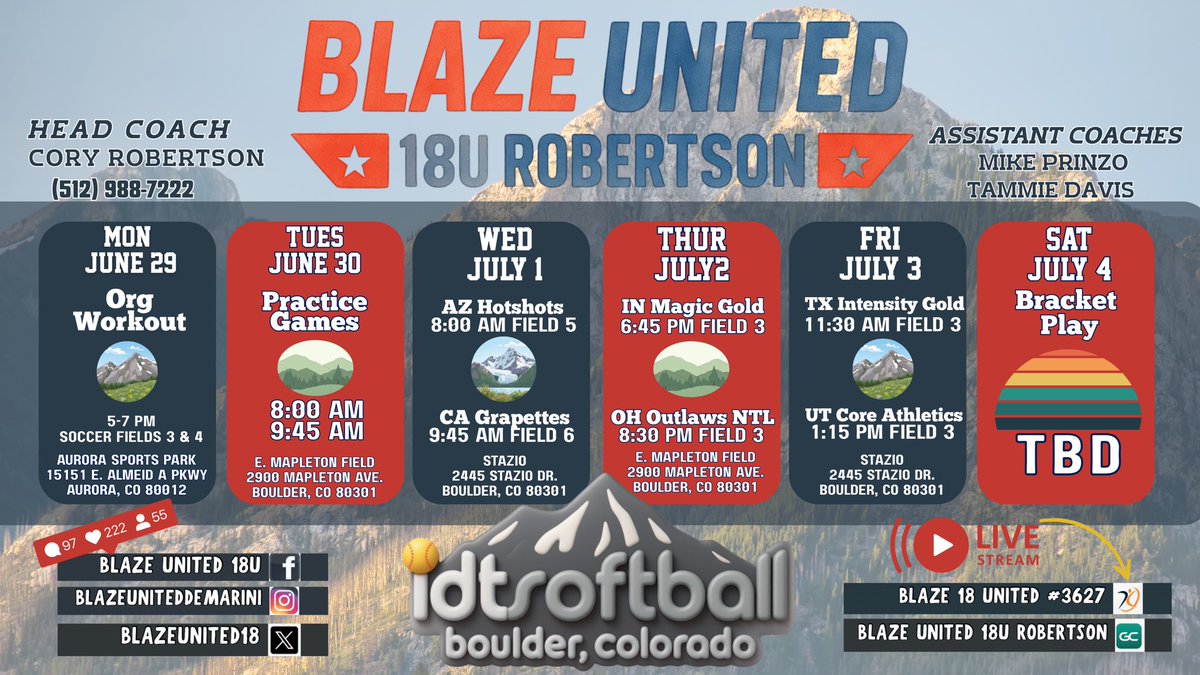 blazeunited18's tweet photo. We’re headed to the mountains and ready to play some ball! 🥎

We’ll be competing against some of the top teams from across the country. If you’re in the area, come cheer us on in person—or follow all the action live on GameChanger ⬇️ 

https://t.co/SvTQl6Em9R https://t.co/aWgz6hRamN
