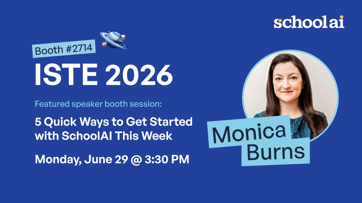 ClassTechTips's tweet photo. 😍 I'm excited to join @GetSchoolAI at #ISTELive to present a session on "5 Quick Ways to Get Started with SchoolAI This Week"

🗓️See what SchoolAI is up to: https://t.co/NXvmu2NHDN 

🤩 And request my resources if you can't join in-person: https://t.co/olPhhhklM3 https://t.co/a1JhOz18lE