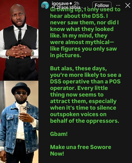 yabaleftonline's tweet photo. "Growing up, I only used to hear about the DSS but these days, you are more likely to see a DSS operative than a POS operator" — Comedian Igosave. https://t.co/UcJRQ4C6oB