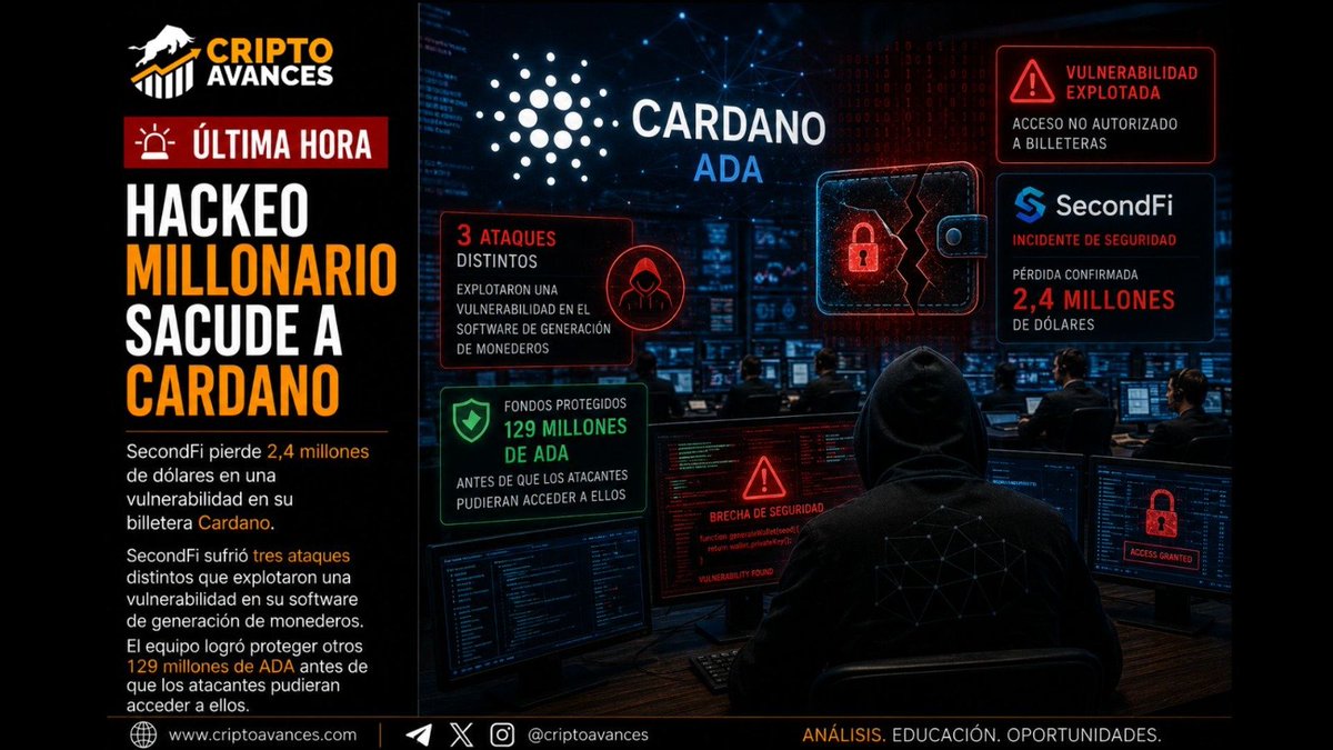 CriptoAvances's tweet photo. 🚨🔐 HACKEO MILLONARIO SACUDE AL ECOSISTEMA CARDANO

SecondFi confirmó pérdidas por 2,4 millones de dólares después de que atacantes explotaran una vulnerabilidad en su software de generación de billeteras. https://t.co/tfXdIZWGar
