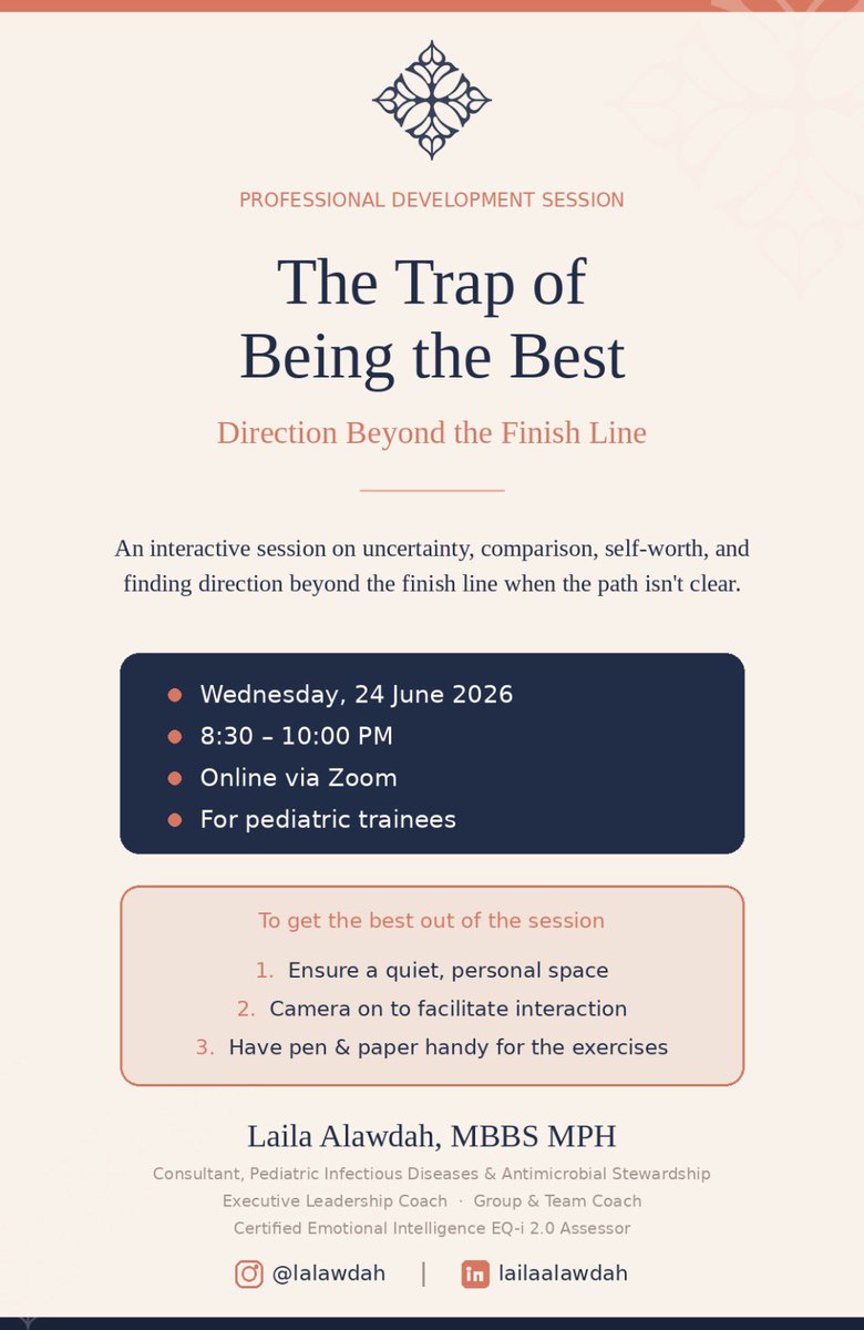 Pediatric_edu's tweet photo. 📚 Final PPD Session of the Year!

The Trap of Being the Best
🎤 Dr. Laila Alawdah, Ped ID consultant
📅 June 24, 2026
⏰ 8:30–10:00 PM
💻 Zoom

A session on self-worth, uncertainty, comparison, and finding direction beyond achievements.

Looking forward to seeing you all! ✨ https://t.co/tAcYigvtKF