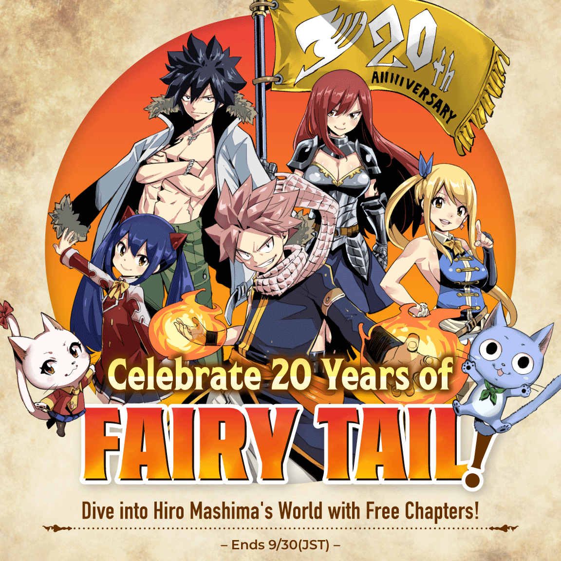 KMANGA_KODANSHA's tweet photo. FAIRY TAIL, the worldwide smash hit that first debuted in Weekly Shonen Magazine in 2006, is celebrating its 20th anniversary!🎉

To mark the occasion, we're making a massive selection of chapters free to read!

Plus, don't miss a special announcement waiting for you at the end!🔥