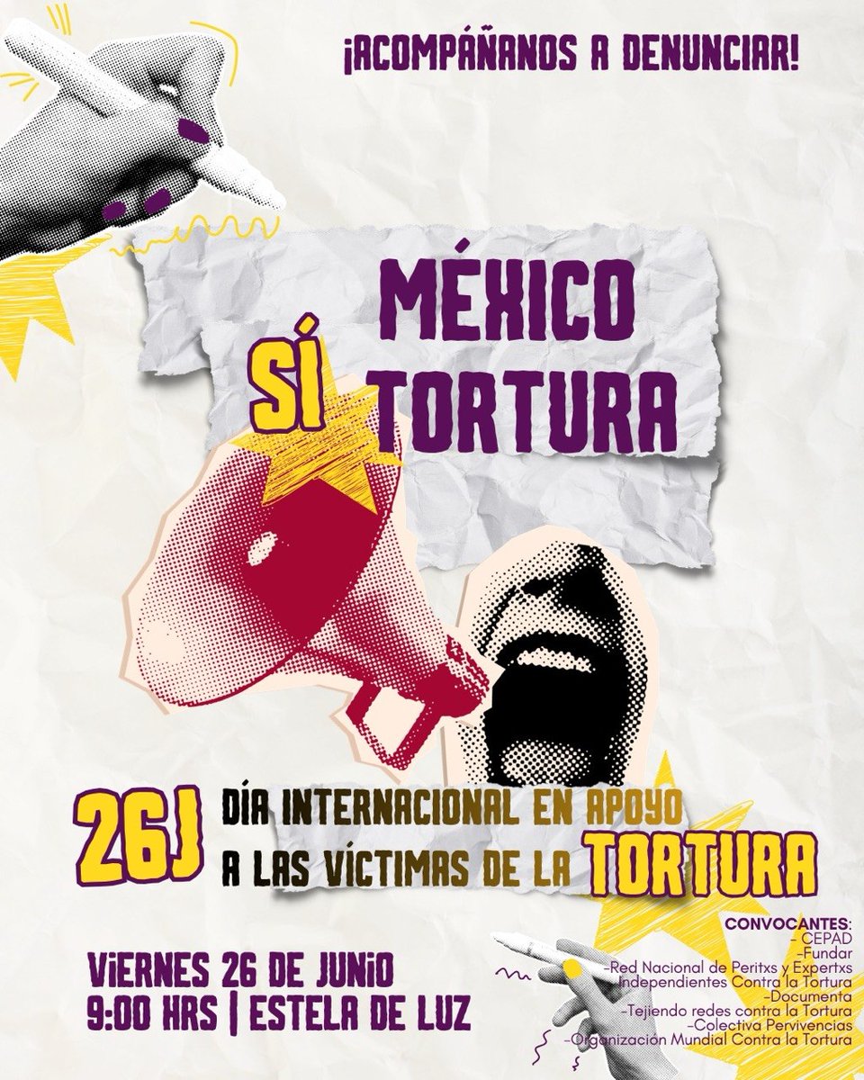 FundarMexico's tweet photo. En el marco del Día de Apoyo a las Víctimas de Tortura, colectivos, organizaciones y activistas realizaremos un acto público para visibilizar testimonios, denuncias y exigencias de justicia. Acompáñanos.
📆 Viernes 26 de junio
🕐 9h
🗺️ Estela de Luz https://t.co/v9XMqLy8uf