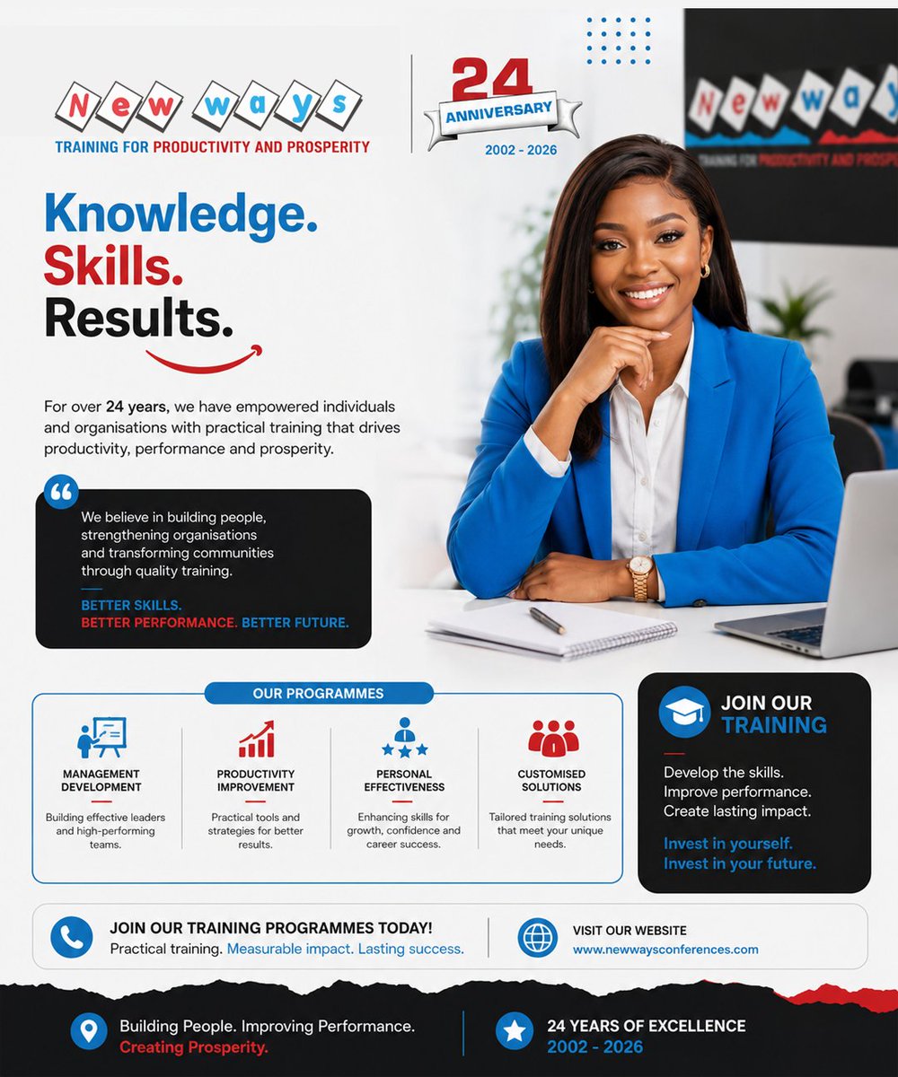 NewwaysConsult's tweet photo. Knowledge. Skills. Results.

For over 24 years, New Ways has been helping individuals and organisations unlock their full potential through practical, results-driven training programmes.
From management development and productivity improvement.. read more in image description ... https://t.co/a8Q0DYZs1M