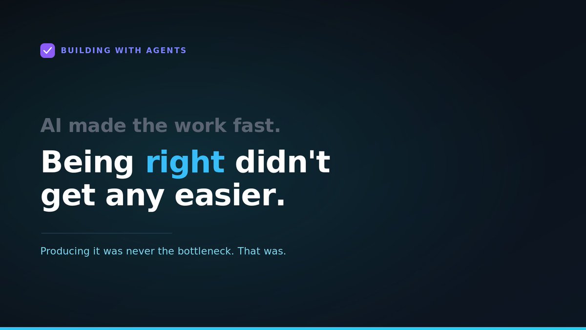 PlayQodeX's tweet photo. AI made the building part fast. ⚡️

Anyone can produce output now, that's not the bottleneck anymore. 

The hard part is being the person whose work you don't feel the need to check. That's slow to earn and quick to lose, and no tool speeds it up. https://t.co/AzNgja34Hq